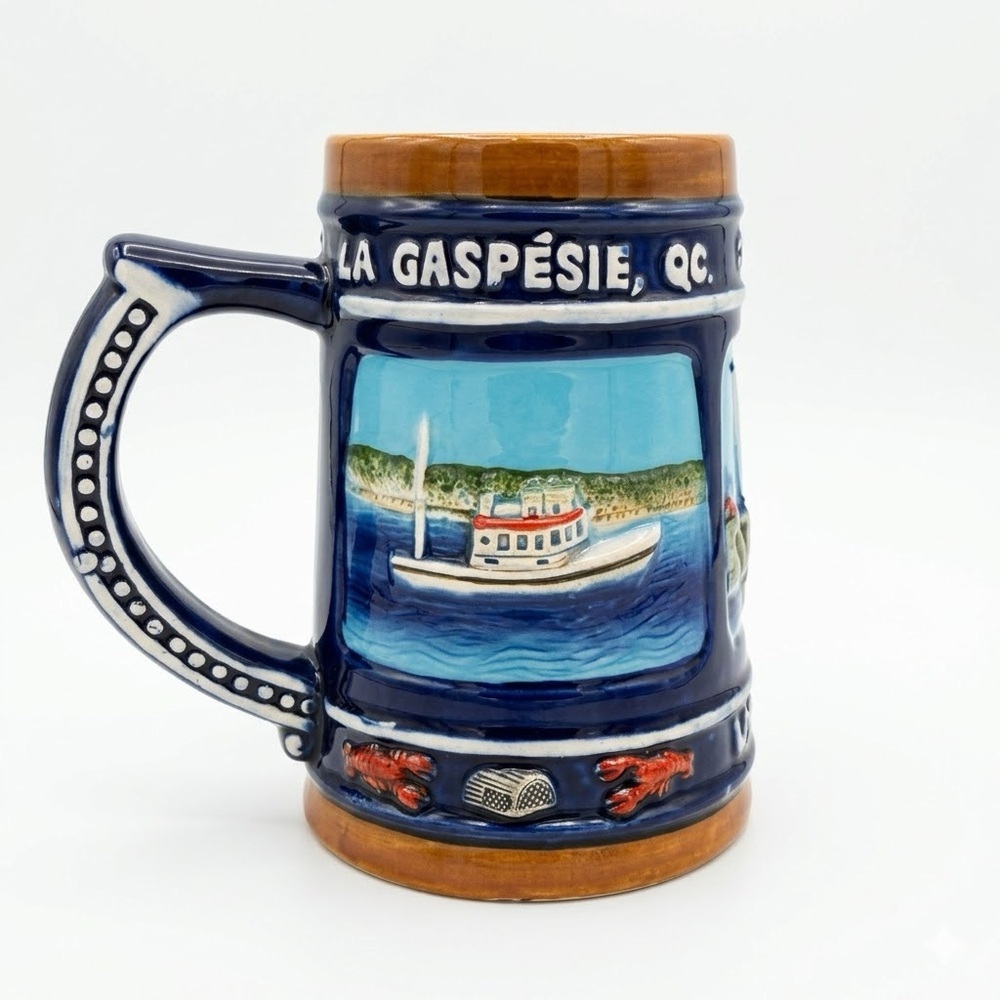 Ric’Art La Gaspésie Quebec Nautical Ceramic Souvenir Stein Mug Lobster Boat
